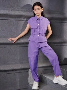 Tween Girl 纯色休闲短袖上衣和长裤套装，日常装扮