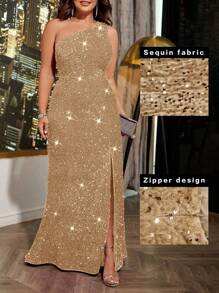 Cravure 大码女式闪亮单肩高开衩连衣裙，适合节日派对服装，超长亮片女式婚礼服装 - 香檳色 - 查看 8