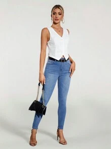 SHEIN Tall 女款幾何圖案西裝背心，適合高個女性 - 白色 - 查看 6