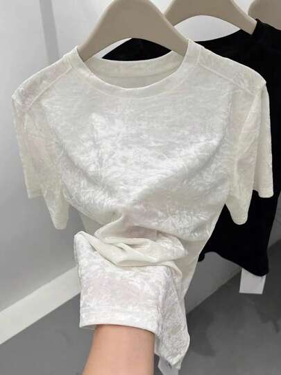 SHEIN EZwear Velvet Short Sleeve All-Match Pullover T-Shirt