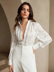 Anewsta 女士优雅立领衬衫，采用材料拼接、透视和提花设计，长袖上衣 - 白色 - 查看 4