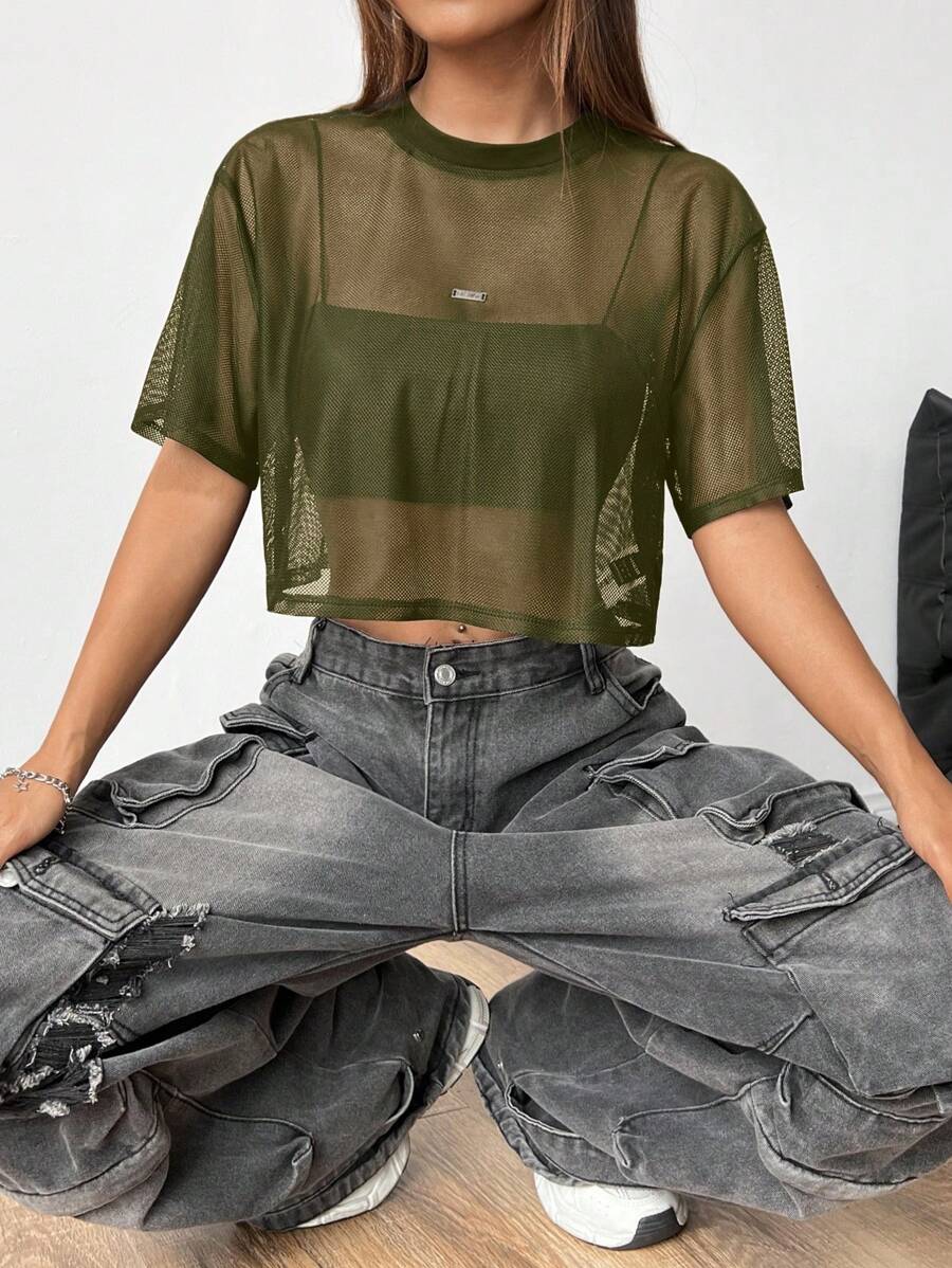 SHEIN EZwear 女士性感透明网眼短款上衣，军绿色