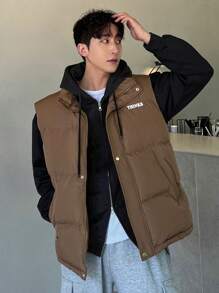 DAZY Men's Padded Vest With Letter Print, Winter Jacket - Khaki - View 4