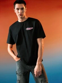 THE POWERPUFF GIRLS X SHEIN Áo thun tay ngắn in chữ và hoạt hình Unisex 1 chiếc, mùa hè - màu đen - Xem 5