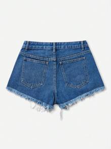 SHEIN EZwear 夏季休闲破洞磨边牛仔短裤 - 深色水洗藍 - 查看 2