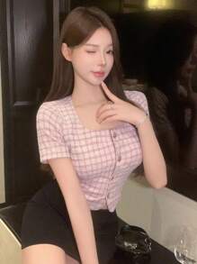 DAZY 女士格子方领短袖衬衫，适合派对和情人节穿着，露脐上衣，女士可爱上衣 - 粉色 - 查看 4