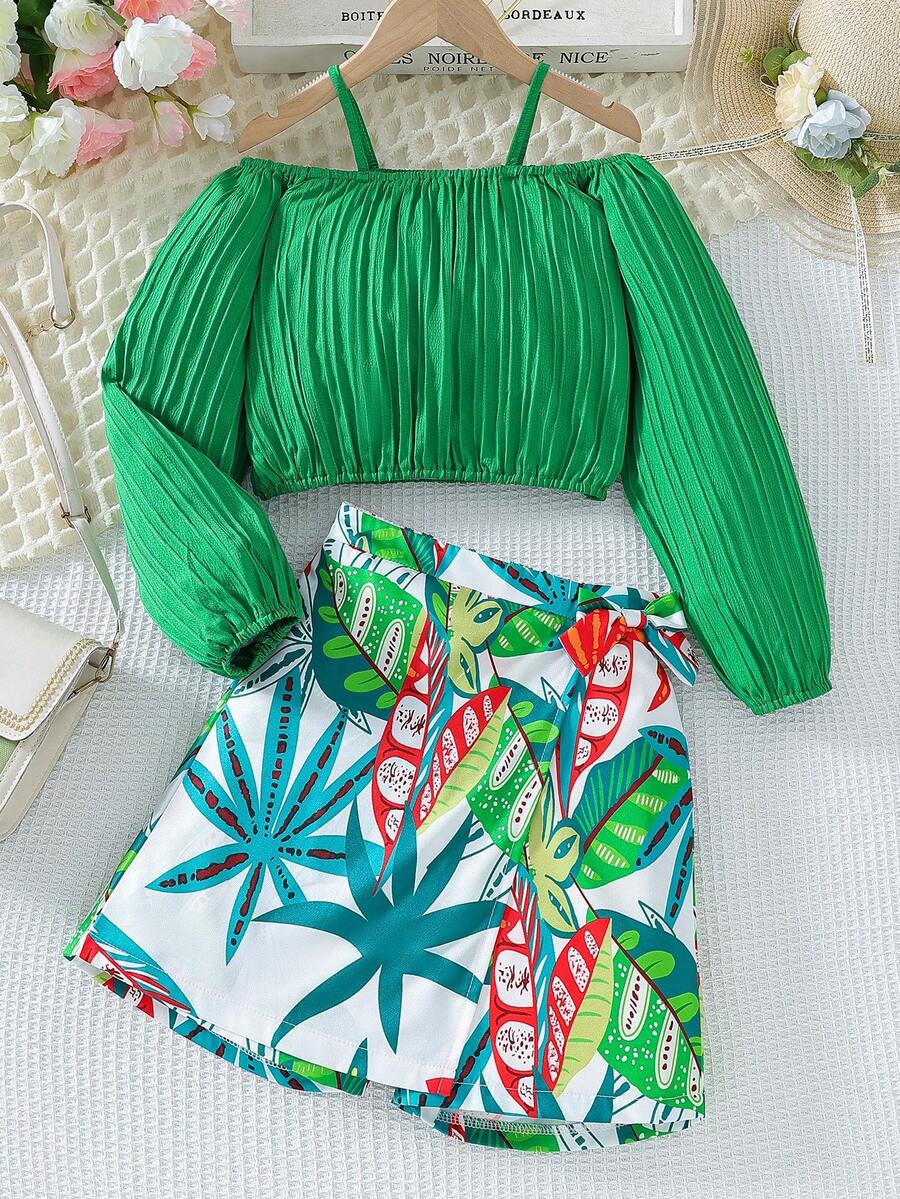 2 piezas/Conjunto Blusa verde con textura y hombros descubiertos y pantalones palazzo con estampado total para niña preadolescente, conjunto de vacaciones de verano - Verde - Ver 1