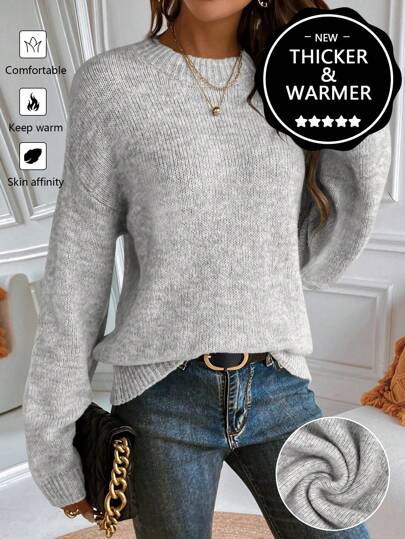 Calvaya Newly Upgraded Premium Thick Warm Women Grey Crew Neck Sweater Knit Pullover Fall Winter Outfit