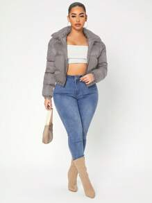 SHEIN SXY 性感拉链漏斗领夹棉大衣 - 灰色 - 查看 4
