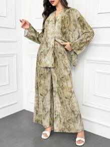Modelyn Women's Batik Print Drop Shoulder Long Sleeve Top And Loose Casual Pants 2pcs Set, Spring Summer 2 Pieces Set