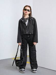 SHEIN Explorewe Girls' Vintage Stand Collar Triple Zipper Design Short Jacket