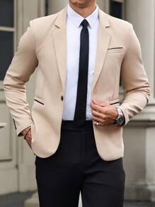 Manfinity Mode Men's Solid Color Minimalist Daily Wear Knit Blazer - Khaki - View 6