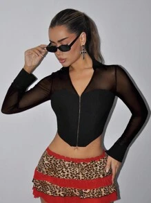 SHEIN ICON Women's Spring Summer Mesh Contrast Buttoned Asymmetrical Hem Fitted Blouse - Black - View 4