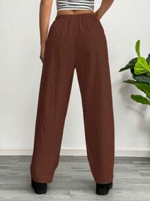 SHEIN EZwear 女士棕色平纹编织休闲阔腿裤 - 棕色 - 查看 3