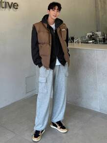 DAZY Men's Padded Vest With Letter Print, Winter Jacket - Khaki - View 5