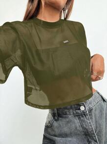 SHEIN EZwear 女士性感透明网眼短款上衣，军绿色