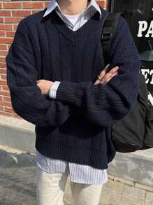 DAZY 男士纯色 V 领毛衣，秋季 - 藏蓝色 - 查看 7