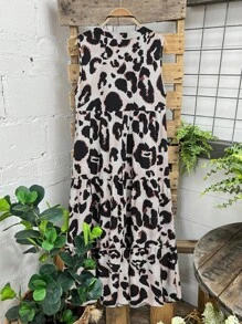 SHEIN LUNE Women's Leopard Print Notched Neck Sleeveless Holiday Casual Dress - Coffee - View 2