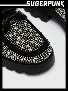 Sugerpunk Women Faux Suede Rhinestone Decor Lace-Up Front Wedge Shoes, Glamorous Outdoor Platform Oxford Shoes Valentine's Day For Summer Vacation Shoes Summer - Black - View 4