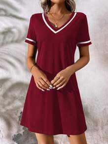 EMERY ROSE V-Neck Contrast Color Rib-Knit Black Casual Dress - Burgundy - View 5