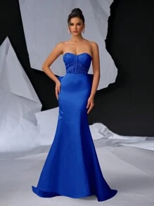 Glamrae Elegant Romantic Strapless Lace Embroidered Pearl Beaded Backless Adjustable Tie Waist Mermaid Hem Evening Party Dress Prom Semi Formal Wedding Guest Dress, For Birthday, Graduation, Homecoming