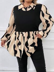 SHEIN CURVE+ Plus Graphic Print Lantern Sleeve 2 In 1 Peplum Top