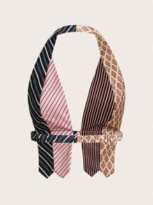 SHEIN ICON 夏季不对称下摆条纹印花露背吊带性感背心