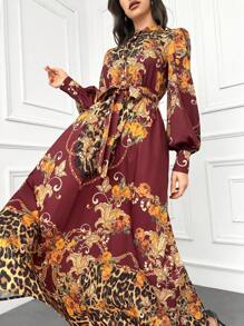Modelyn Burgundy Red Women's Printed Single-Breasted Long Sleeve Arabic Style Dress Long Evening Dresses