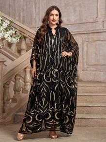 Plus Size Women's Sequin Contrast Color Long Sleeve Arabic Style Clothing - Black - View 1