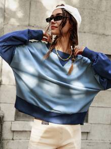 Bohemela Women's Colorblock Crew Neck Blue Sweatshirt, Autumn
