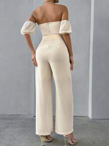 Zolique Damen einfarbiger Jumpsuit mit Schulterausschnitt, Kurzarm, Twist Taille und geradem Bein für den Urlaub - Aprikosenfarben - Übersicht 2