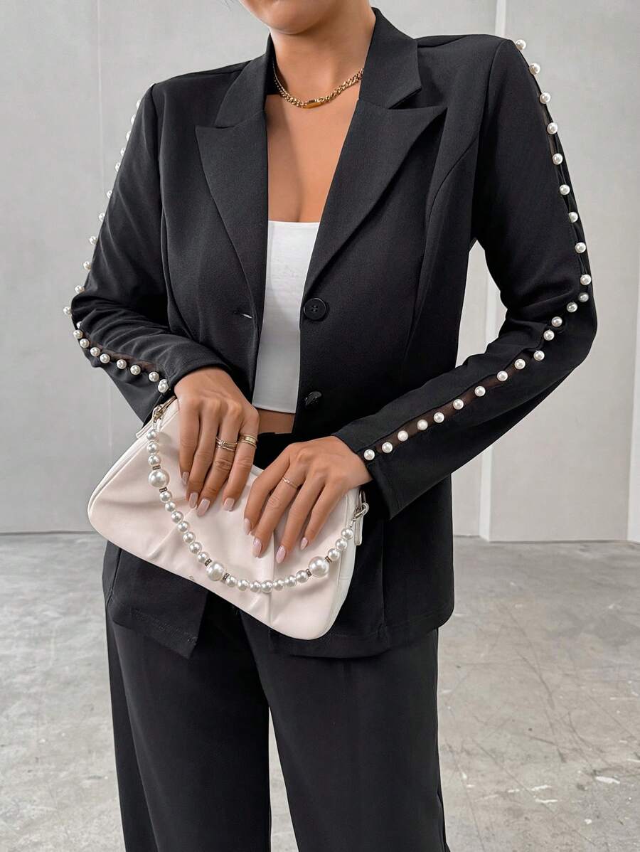 Zolique 女式春秋仿珍珠装饰翻领长袖优雅西装外套 - 黑色 - 查看 1