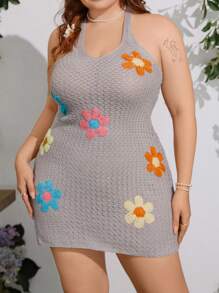 Sunnyshic Hand-Crocheted Floral Pattern Plus Size V-Neck Lace-Up Dress For Women
