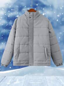 青少年男孩厚条纹棉服外套，冬季 - 灰色 - 查看 1