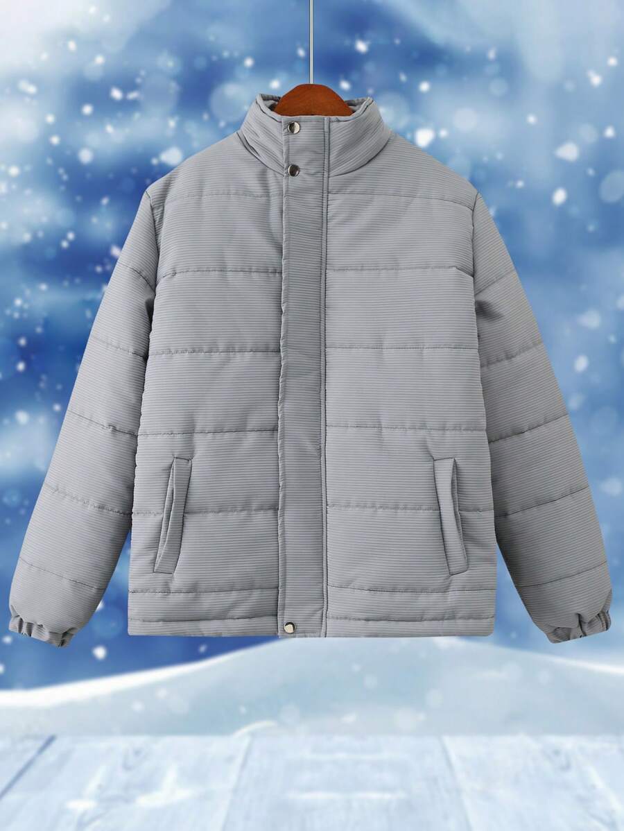 青少年男孩厚条纹棉服外套，冬季 - 灰色 - 查看 1