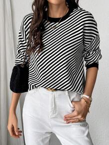 SHEIN LUNE Striped Casual Long Sleeve Pullover Sweater, Knit Pullover Fall Winter - Black and White - View 1