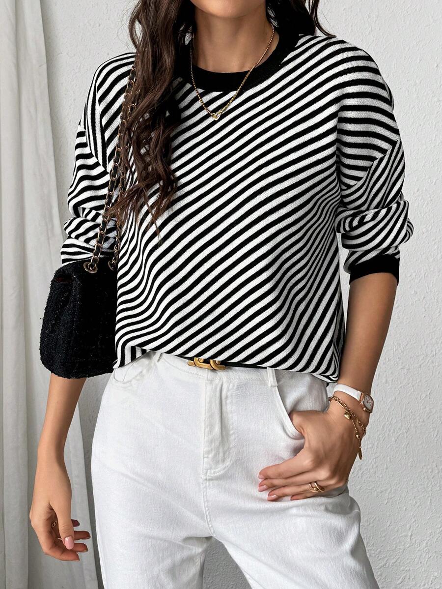 SHEIN LUNE Striped Casual Long Sleeve Pullover Sweater, Knit Pullover Fall Winter - Black and White - View 1