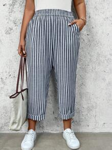 SHEIN LUNE Quần sọc nữ cỡ lớn - Đen và trắng - Xem 4