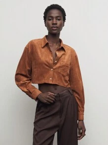 BizChic Brown Suede-Like Loose Cropped Long Sleeve Casual Shirt, Autumn - Brown - View 1