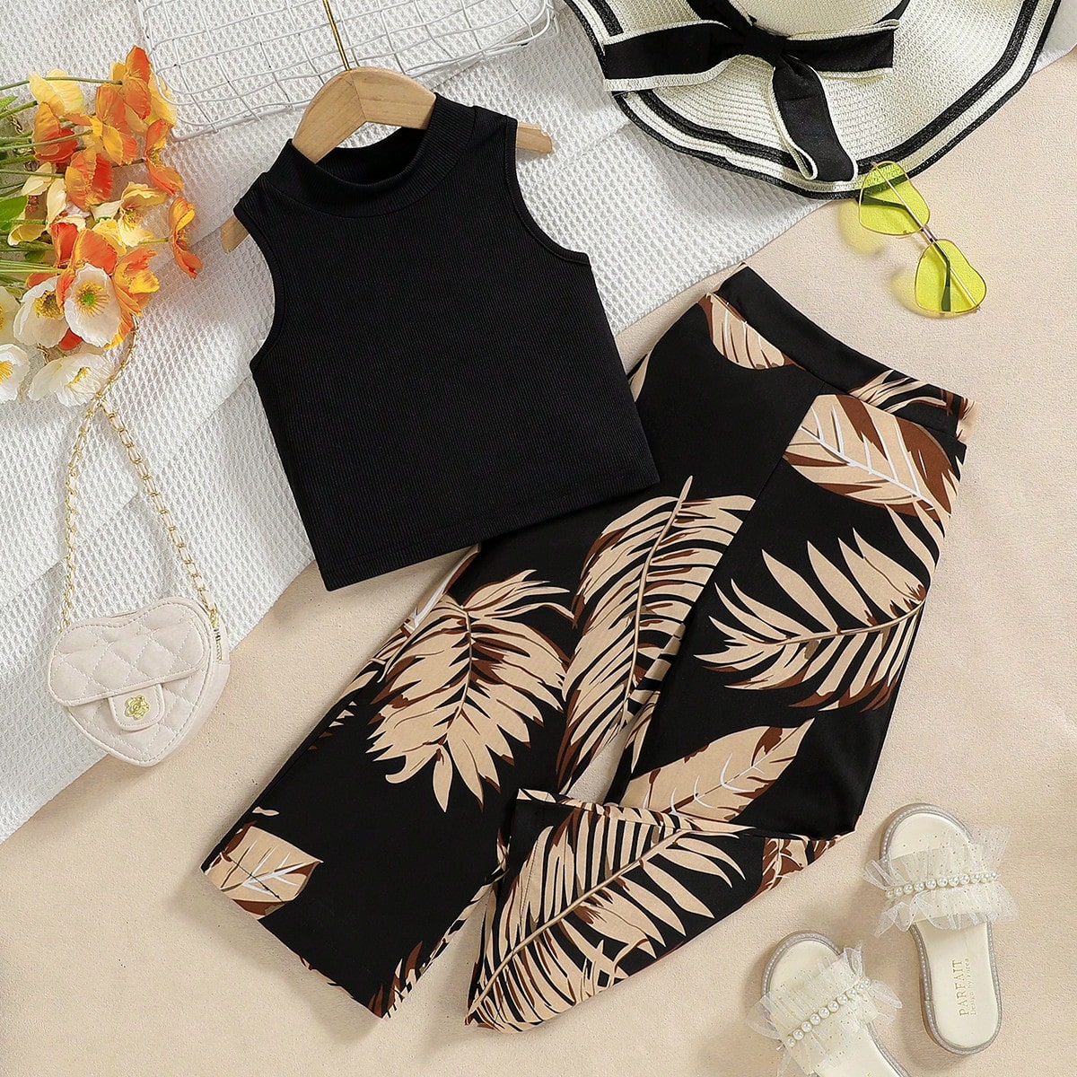 Piezas Conjunto de top sin mangas y pantalones anchos y holgados para niña joven, vacaciones de verano