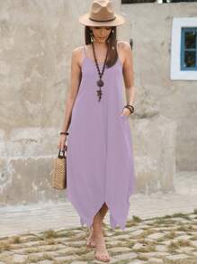 SHEIN BohoFeels Women Casual Solid Color Asymmetric Hem Slip Dress
