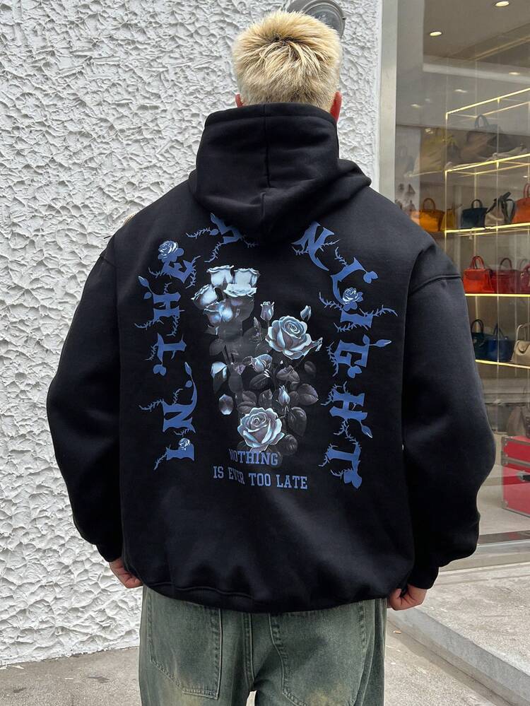 Men's Floral & Letter Print Loose Fit Casual Hoodie Sweatshirt, Autumn/Winter , Black