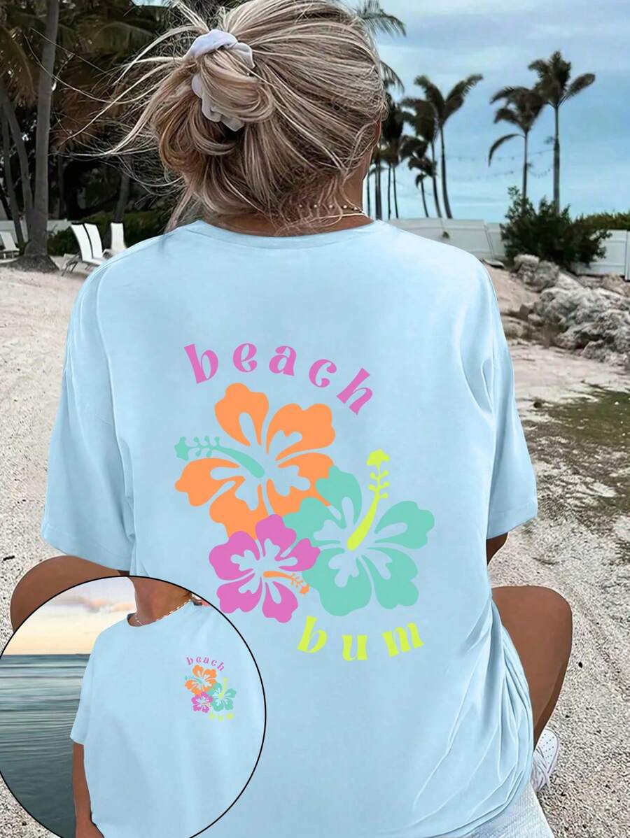 INAWLY 夏季海滩花卉字母印花大码圆领 T 恤 Beach Buff - 藍色 - 查看 1
