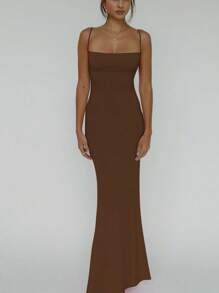 Women's Solid Color Slit Bodycon Backless Sexy Elegant Dress, Suitable For Night Out, Party, Club, Vacation, Beach, Casual Wear In Spring And Summer - Brown - View 4