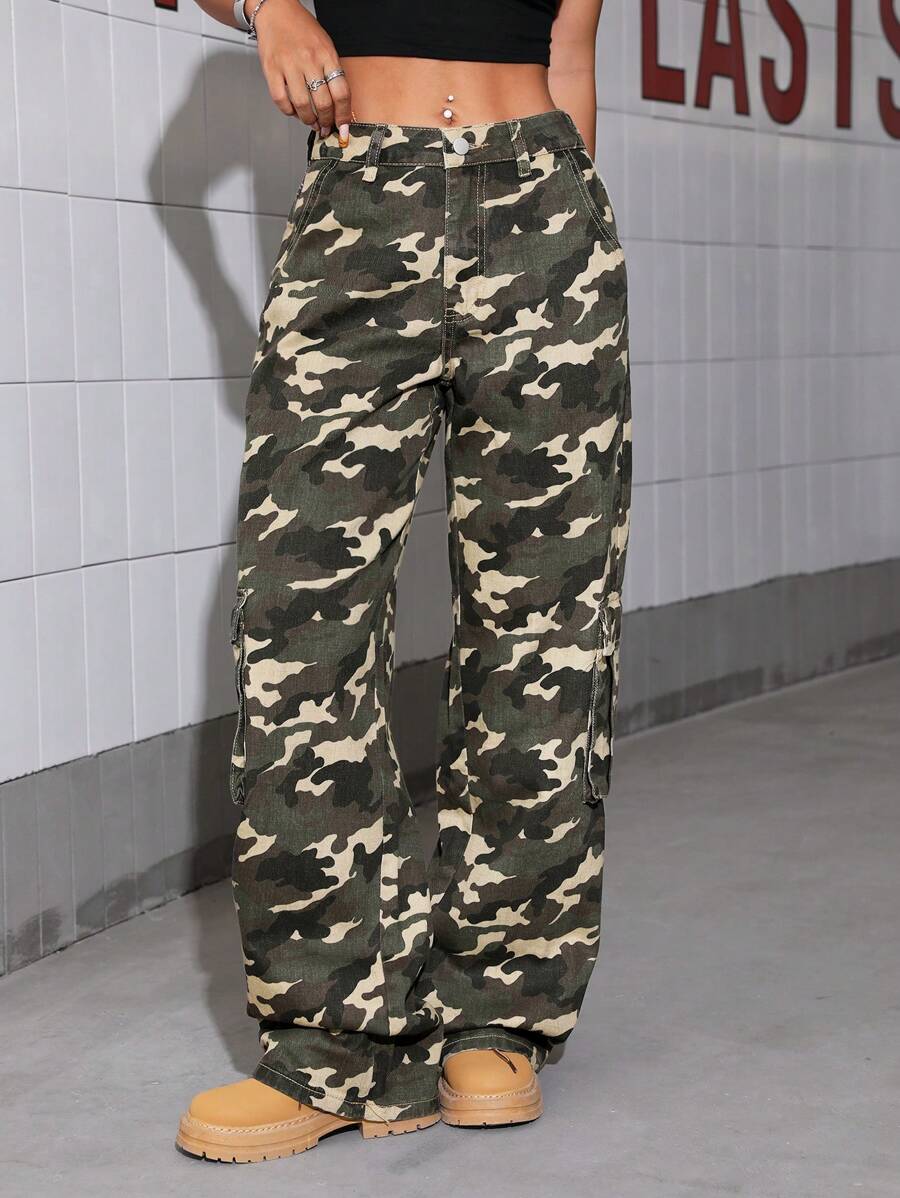 SHEIN Tall Women's Casual Camouflage Print Straight Leg Cargo Pants, Tall Women - Multicolor - View 1