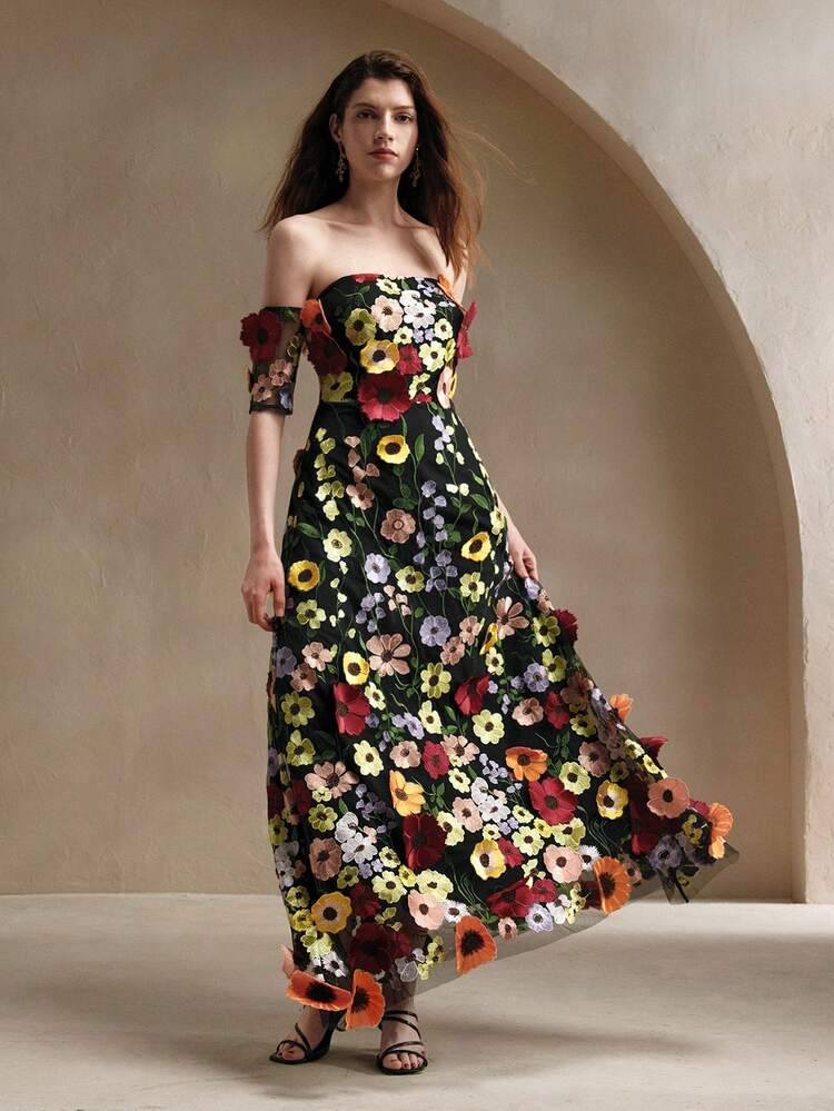 Women's Open Shoulder Mesh Sequins Embellished Midi Dress