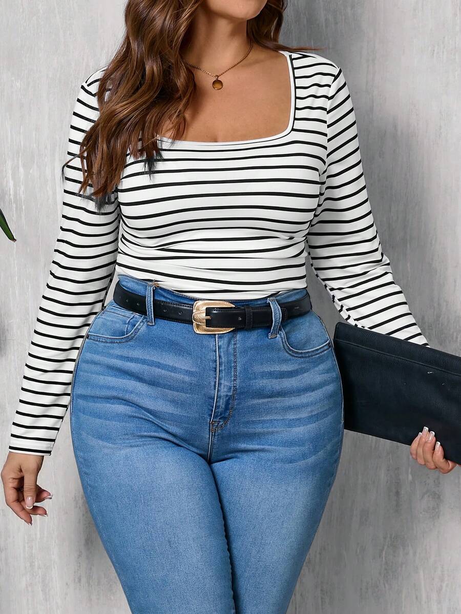 SHEIN LUNE Plus Size Spring Autumn Winter Square Neck Waist Ruched Striped Print Casual Sports Stretch Fitted T-Shirt Tops With Sleeves Travel Outfit Airport
