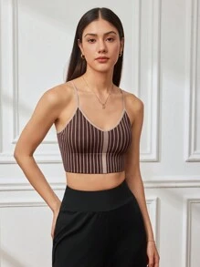 Menodora SHEIN Sport 女士竖条纹印花吊带基本款运动文胸上衣 - 杏色 - 查看 5