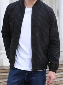 Manfinity Homme 男士休闲印花立领长袖夹克，男士商务休闲新款高性价比黑色微纹理印花休闲夹克，适合日常休闲穿着，冬季夹克 - 黑色 - 查看 5