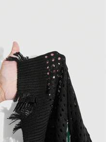 ROMWE MEN 男士穿孔破洞针织短袖套头衫，校园，足球风格 - 黑色 - 查看 5